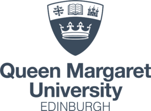 The text "Queen Margaret University Edinburgh", and a shield containing a crown, a castle, a book, and four martlets around a cross. The martlet is a mythological bird used in heraldry and associated with learning.